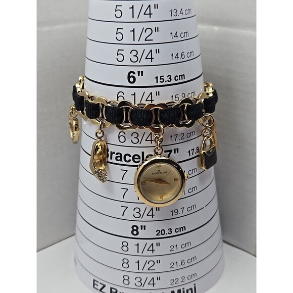 Anne Klein Charm Bracelet Watch Gold Tone Black Chain Purse Charms New Battery - Picture 6 of 9